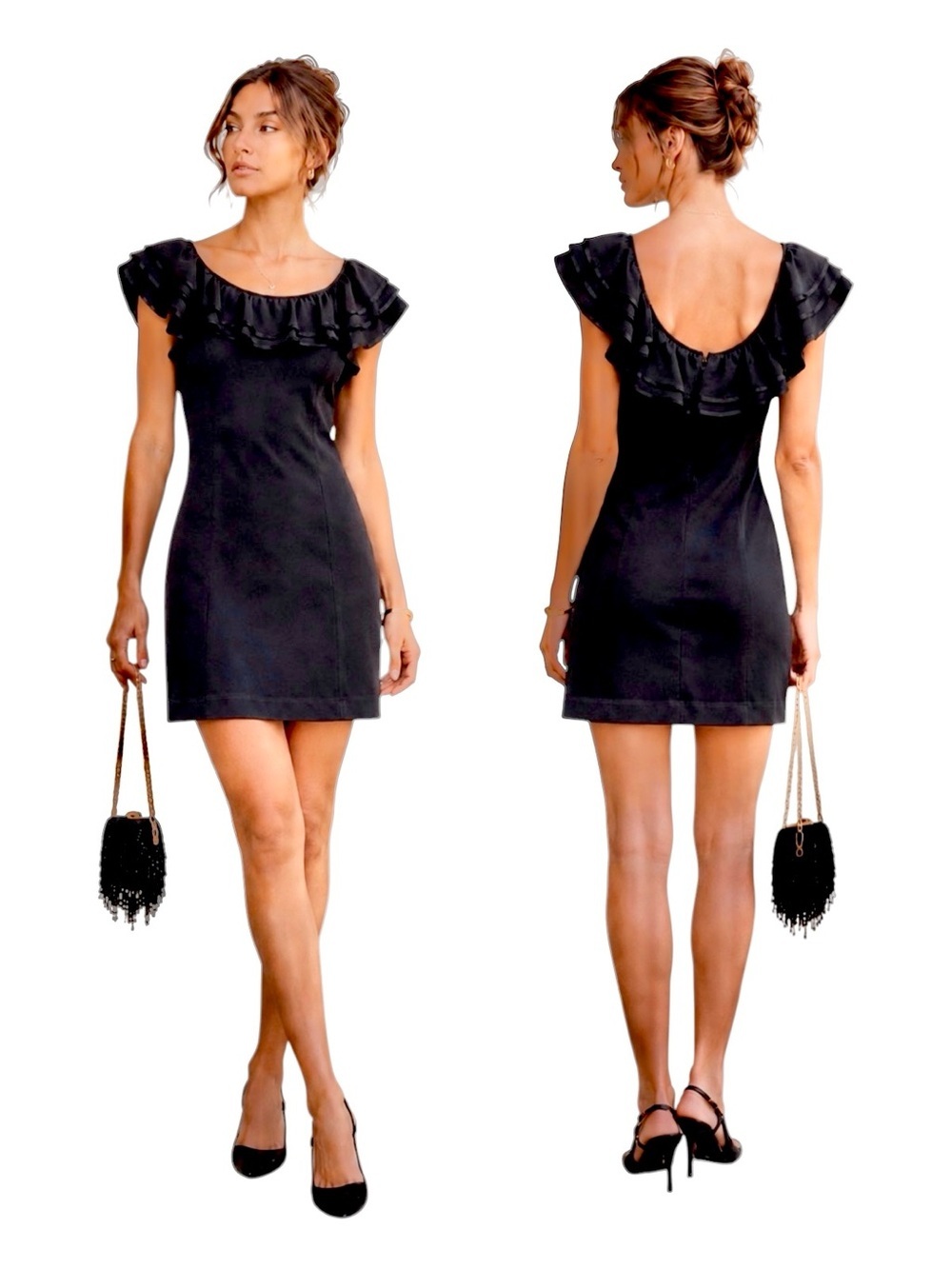 Bebe Black Ruffle Mini Dress | Open Back Flutter Sleeve | Cocktail Party Dress